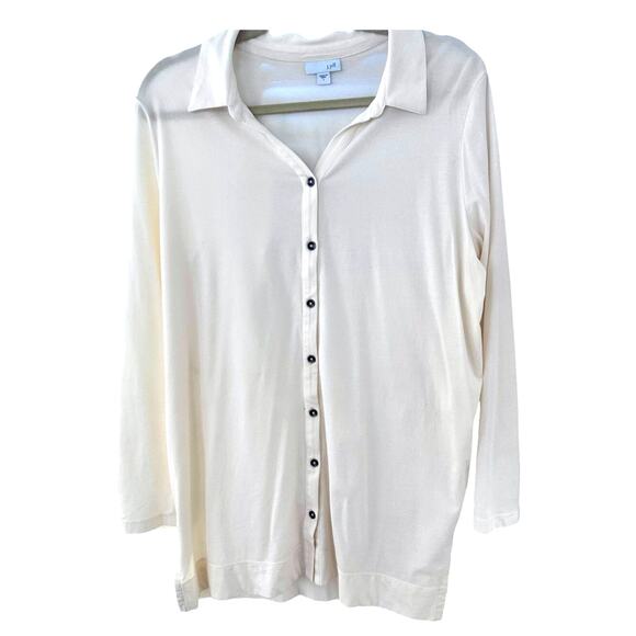 J.Jill beige white button up blouse long sleeve casual top size large - Picture 1 of 6